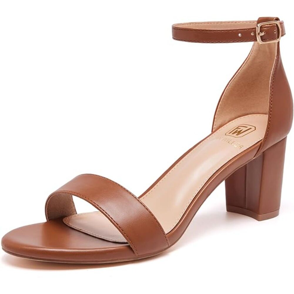 Women's Brown Open Toe Ankle Strap Low Chunky Short Heels Wedding Pumps Shoes